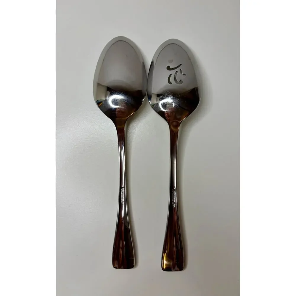 Oneida Serif Solid Serving Pierced Spoon 9” Stainless Steel Flatware Set of 2